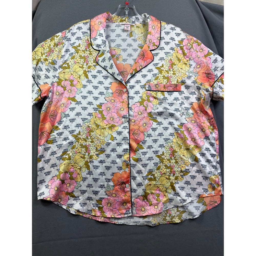 Victoria's Secret Floral Logo Satin Pajama Top Pink Yellow Short Sleeve size XL